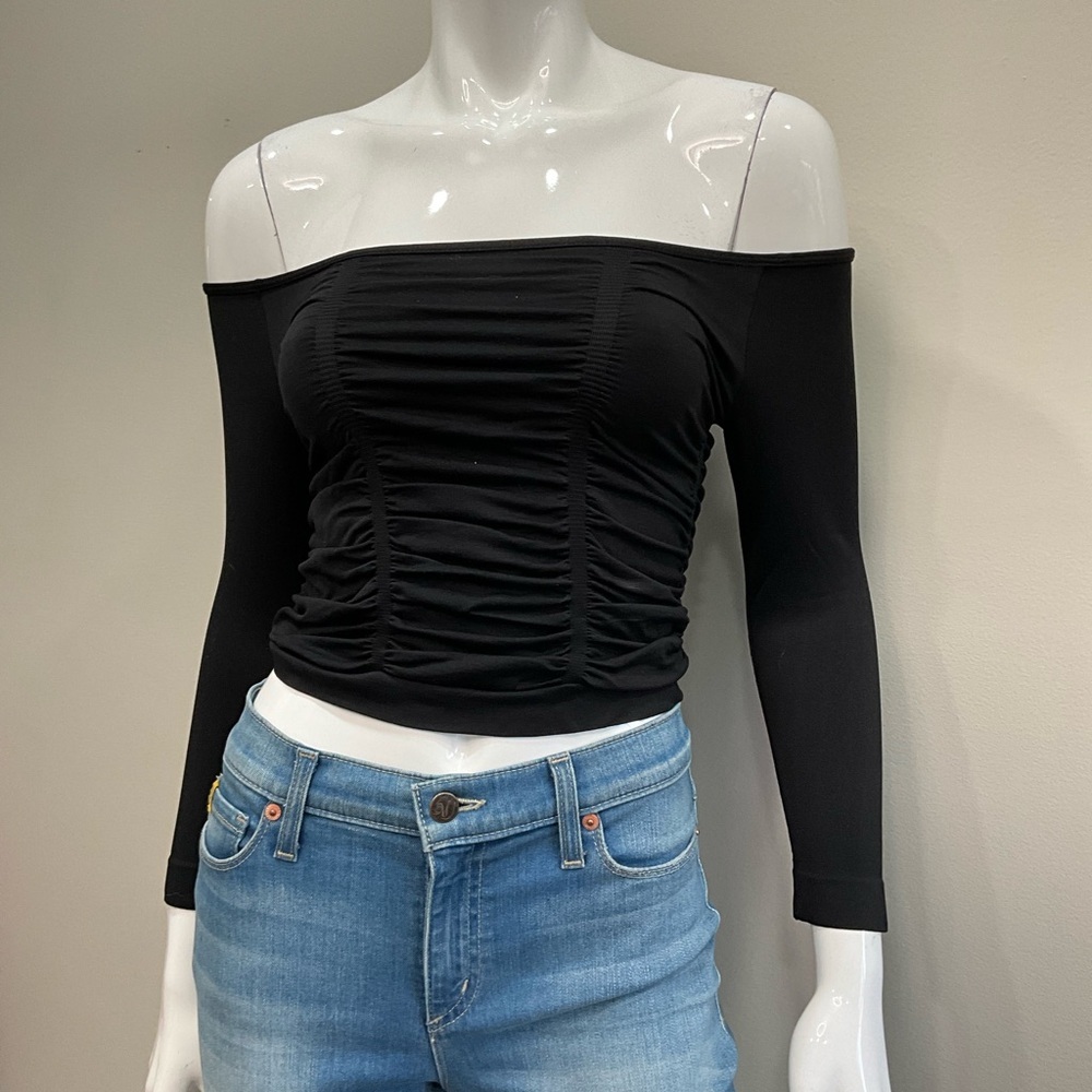 Nikibiki Black Off-Shoulder Ruched Cropped Crop Top3/4  Sleeve Body Con OS